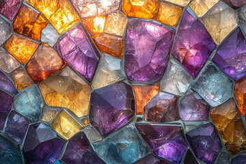 Poster - A vibrant mosaic of amethyst, amber, and crystal gemstones creating a dazzling and textured surface.