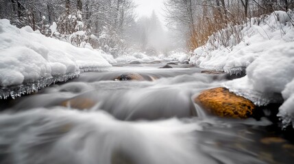 Poster - Serene winter stream flowing over rocks, snow-covered banks, and icy edges.