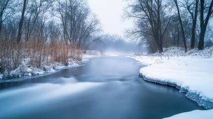 Aufkleber - Serene winter river scene with snow-covered banks and misty atmosphere.