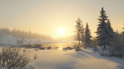 Aufkleber - Serene winter sunrise over a snow-covered lake and coniferous forest.