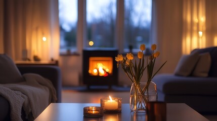 Poster - Scandinavian living room featuring minimalist furniture and a cozy fireplace, creating a warm and inviting atmosphere with soft lighting.