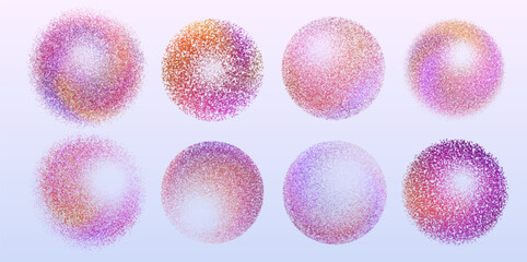 Poster - Color grain texture globes set isolated on white background. Vector realistic illustration of abstract dot spheres, round pink and purple paint circles, 3d ink spray gradient shapes, modern art symbol