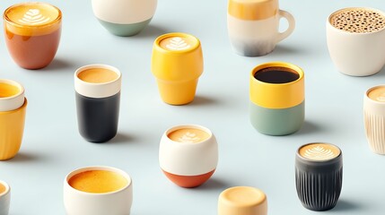 Poster - Collection of coffee cups with different colors and designs. Concept of variety and diversity in coffee cups, showcasing the different styles and patterns available