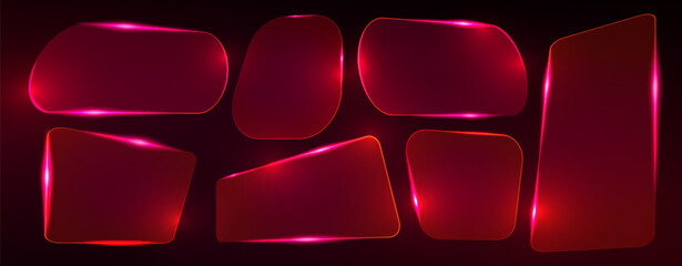 Poster - neon light frame set - glowing red glass shapes on dark background. luminous geometric rectangles wi