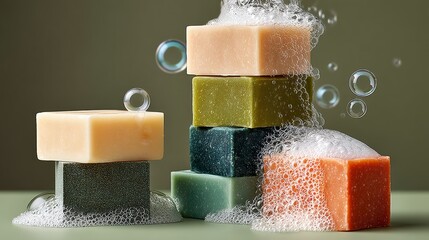 Poster - Stack of soaps with bubbles in the background. The soaps are in different colors and sizes