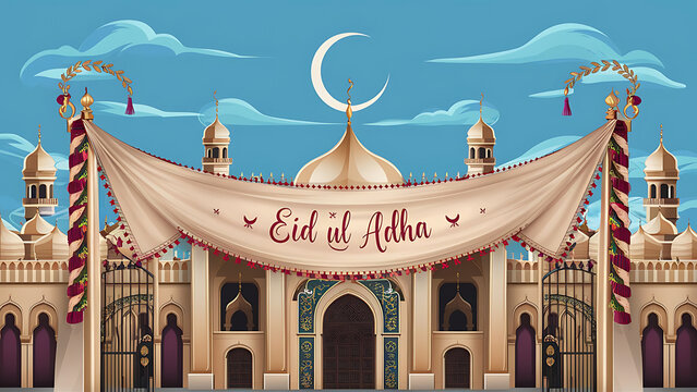 Eid ul Adha text on mosque gate banner 