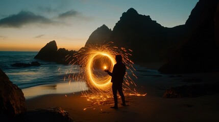 Poster - Silhouette of person creating a fiery circle light painting on a beach at sunset with mountains in the background.