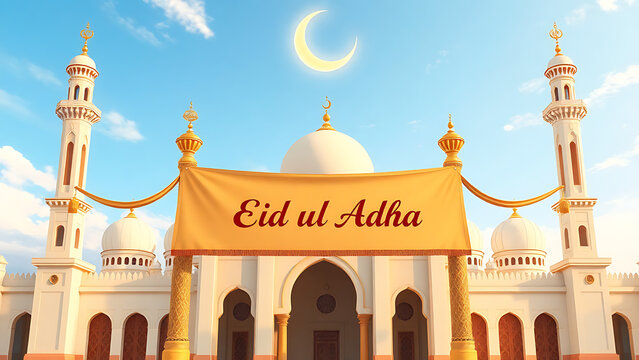 Eid ul Adha text on mosque gate banner 