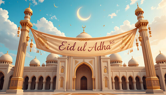 Eid ul Adha text on mosque gate banner 