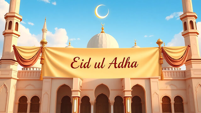 Eid ul Adha text on mosque gate banner 