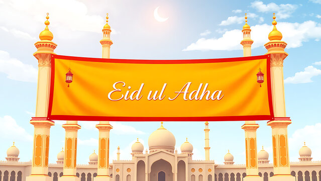Eid ul Adha text on mosque gate banner 