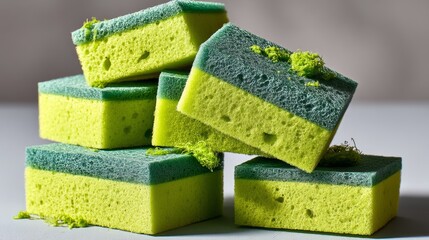 Poster - Stack of yellow and green dish sponges. The sponges are stacked on top of each other