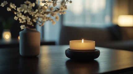 Poster - blurred bokeh background adds depth and charm to the dark wooden table, providing an elegant backdrop for presenting items with artistic focus.