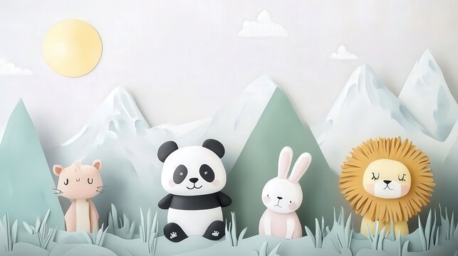 minimalist mural in soft pastel shades, featuring animal figures like pandas, lions, and bunnies, creating a soothing and joyful ambiance in a child's room