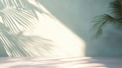Poster - pastel wall featuring palm leaf shadows captures the minimalistic beauty of a tropical beach in summer, perfectly suited for the empty room