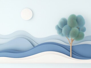 Poster - Serene Paper Art Landscape with Lush Tree and Gentle Waves under a Bright Sun in a Minimalist Aesthetic.