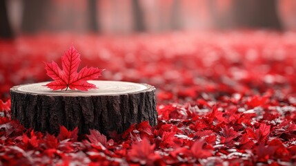 Poster - Single red maple leaf on a tree stump in a forest of red autumn leaves.