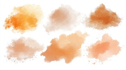 Aufkleber - Six abstract watercolor paint splatters in orange and brown shades isolated on white background.