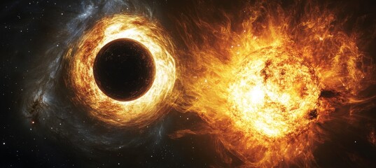 Wall Mural - sun absorb by black hole. time space dilation. science galaxy astronomy. generative ai technology.