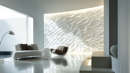 Poster - room with an illuminated wall that provides a stunning backdrop, creating a visually dynamic contrast with the sleek furniture and decor.