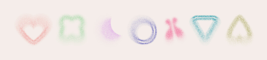 Poster - Colorful dotted shape icon set for y2k aesthetic design - heart and moon crescent, circle and triangle, butterfly and simple geometric form with scattered particles. Textured graphic symbol collection