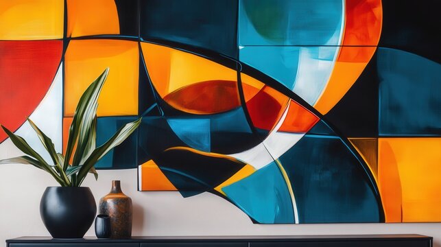 bold colors and dynamic shapes that create a sense of movement and excitement throughout the composition.