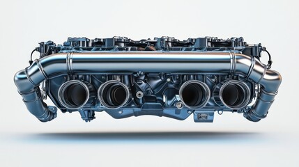 Aufkleber - Sleek chrome engine block with multiple exhaust pipes, isolated on white background.