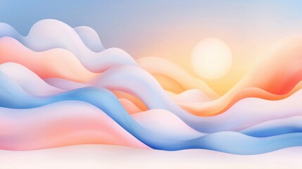 Poster - Abstract Dreamscape of Pastel Waves and Warm Sunrise Glowing in a Soft Sky, Modern Artistic Background