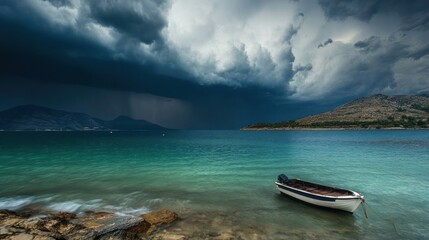 Poster - Small boat on calm sea under dramatic storm clouds.