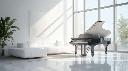Poster - contemporary living room, its glossy finish reflecting the soft natural light coming through the large windows.