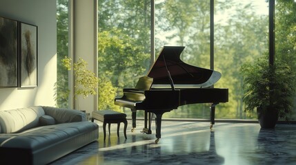 Poster - contemporary living room, its glossy finish reflecting the soft natural light coming through the large windows.