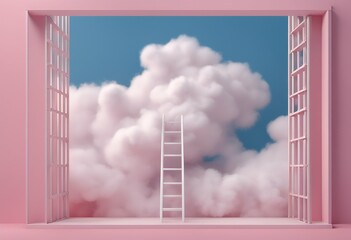 Wall Mural - isolated white blue 3d pink ladder background render fluffy cloud above fleece cotton three-dimensio