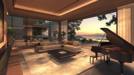 Poster - contemporary living room, providing both aesthetic and acoustic appeal to the sophisticated decor around it.