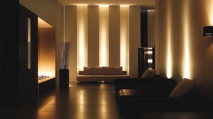 Poster - contemporary room illuminated by a wall of light, creating a dynamic atmosphere that enhances the sleek, modern design of the space