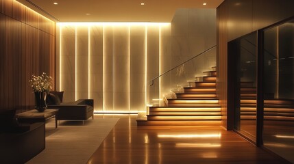Poster - contemporary room illuminated by a wall of light, creating a dynamic atmosphere that enhances the sleek, modern design of the space