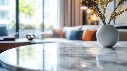 Poster - the foreground of a blurry modern living room, decorated with accessories that elevate the room luxurious feel.