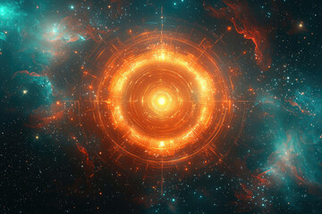 Aufkleber - A dazzling, glowing portal-like structure emerges in a vibrant galaxy, surrounded by swirling nebulae and distant stars, creating a cosmic spectacle.