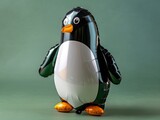 A cheerful inflatable penguin balloon with a glossy finish stands upright against a soft green background, adding a playful touch to any celebration.