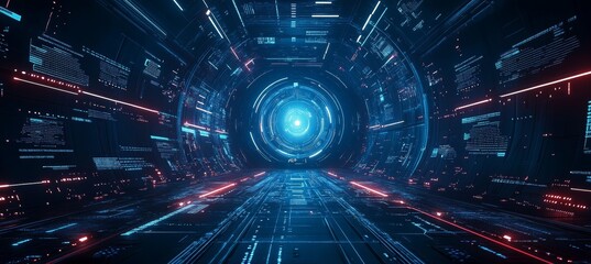 Fototapete - Digital virtual cyberspace portal tunnel. Virtual data wireless transfer. Time speed future warp travel. Generative AI technology.