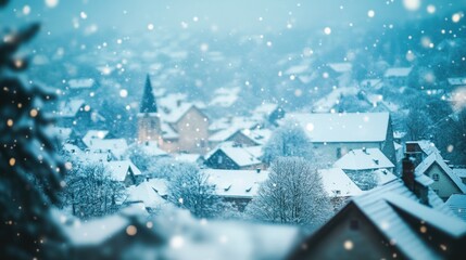 Aufkleber - Snow covered village rooftops, winter snowfall, aerial view.