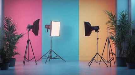Poster - studio room with different colored backgrounds, all spotlighted with carefully placed lighting effects that create a visually appealing atmosphere.