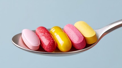 Poster - Spoonful of multicolored pills. The spoon is silver and the pills are pink, yellow, and red