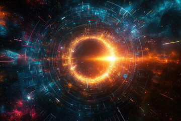 Aufkleber - A mesmerizing cosmic vortex with vibrant hues, showcasing a mesmerizing tunnel through space and time with abstract technological elements.