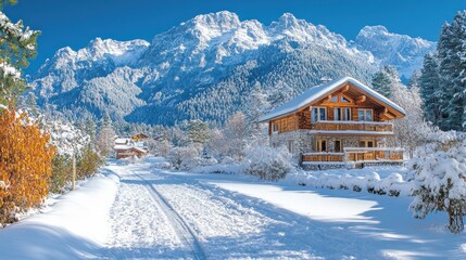 Aufkleber - Snow-covered road leads to a charming wooden chalet nestled in a picturesque winter mountain village.