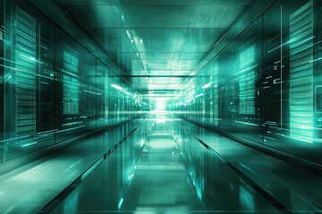 Poster - A futuristic, turquoise-toned hallway with a sleek, reflective floor leads to a bright light at the end of the tunnel.
