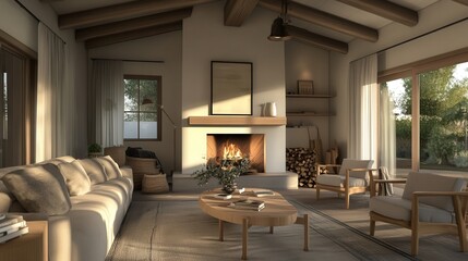 Poster - Scandinavian living room where a cozy fireplace, light wooden furniture, and neutral tones create a peaceful, welcoming environment.