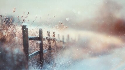 Poster - Snow-covered wooden fence in a winter field.