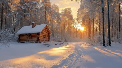 Aufkleber - Snowy cabin in winter forest at sunset.