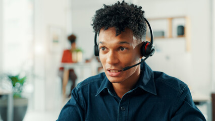 Aufkleber - Headset, support and telemarketing with man in call center for assistance, help or lead generation. Communication, consulting and mic with virtual assistant at work in customer service for feedback