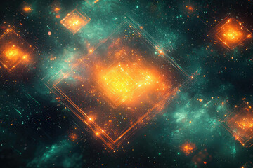 Poster - Abstract cosmic background featuring glowing square elements, creating a vibrant and futuristic celestial scene with a sense of depth and energy.